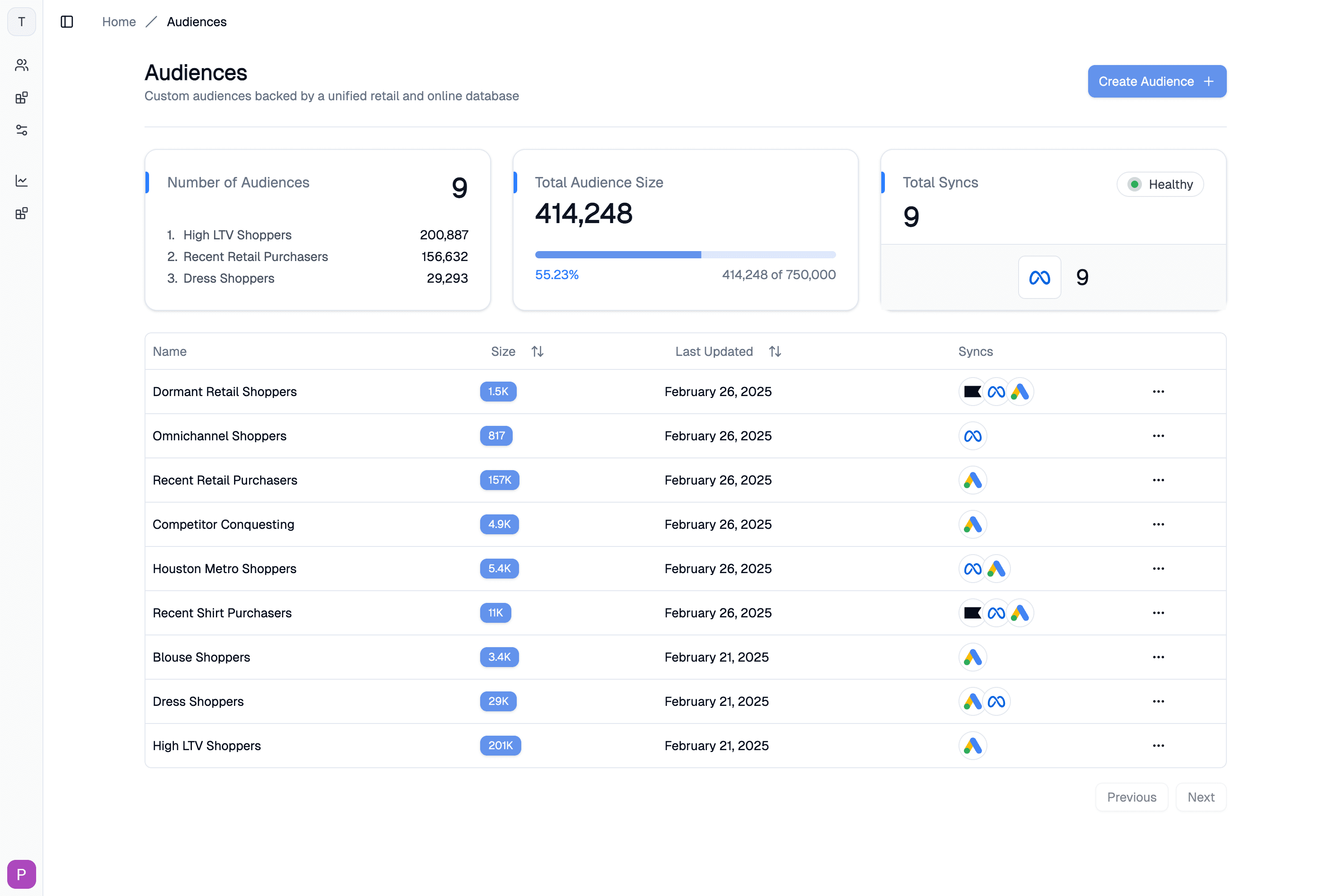Product screenshot of audience segments